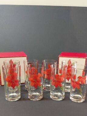 Vintage Lot of 8 Crisal Portugal Mary Lou Goertzen Pointsettia Highball Glasses